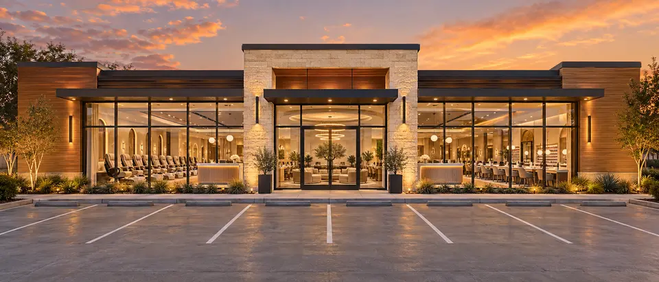 AI concept of future Trendy Nail Bar in Buda, Texas with two reception desks and eight parking spaces