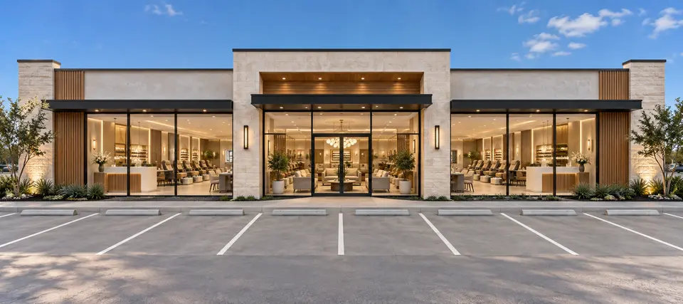 AI concept of future Trendy Nail Bar in Kyle, Texas with two reception desks and eight parking spaces